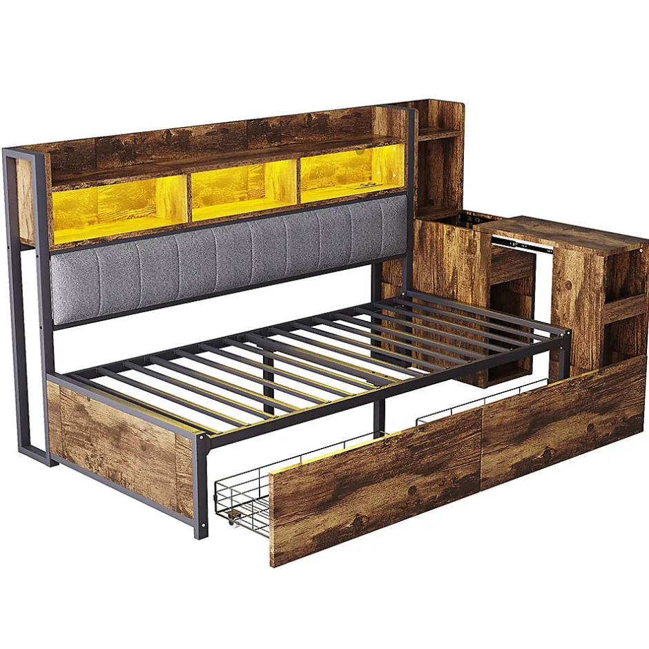 Blackcolors Canapé-lit fer 90x200 cm, rangement, LED, tiroirs, bureau coulissant - couleur bois