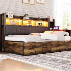 Blackcolors Canapé-lit fer 90x200 cm, rangement, LED, tiroirs, bureau coulissant - couleur bois