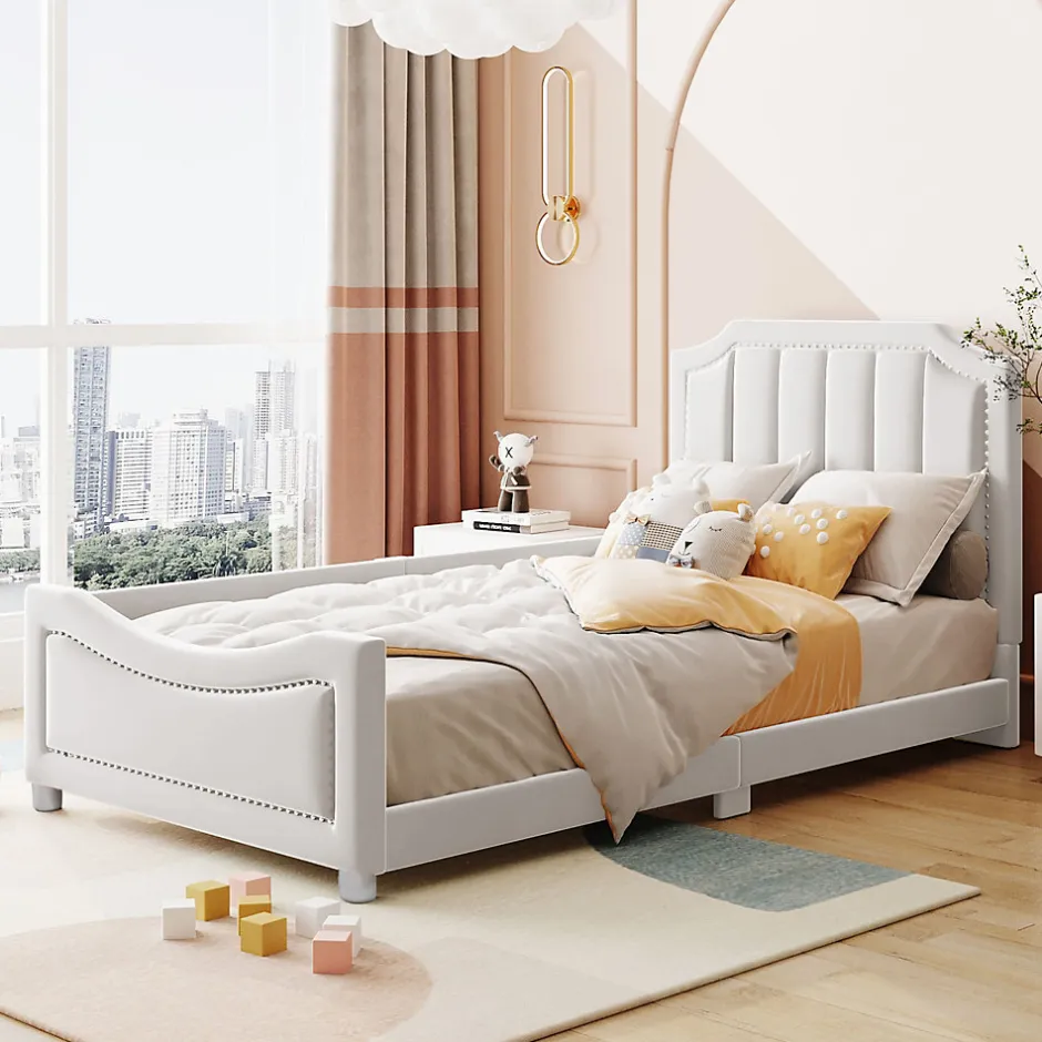 Redom Canapé-lit rembourré 90 sur 200 cm lit modulable flanelle avec dossier et accoudoirs pour adultes ou invités beige