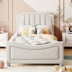 Redom Canapé-lit rembourré 90 sur 200 cm lit modulable flanelle avec dossier et accoudoirs pour adultes ou invités beige