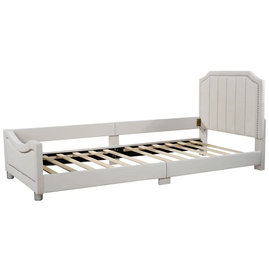 Redom Canapé-lit rembourré 90 sur 200 cm lit modulable flanelle avec dossier et accoudoirs pour adultes ou invités beige