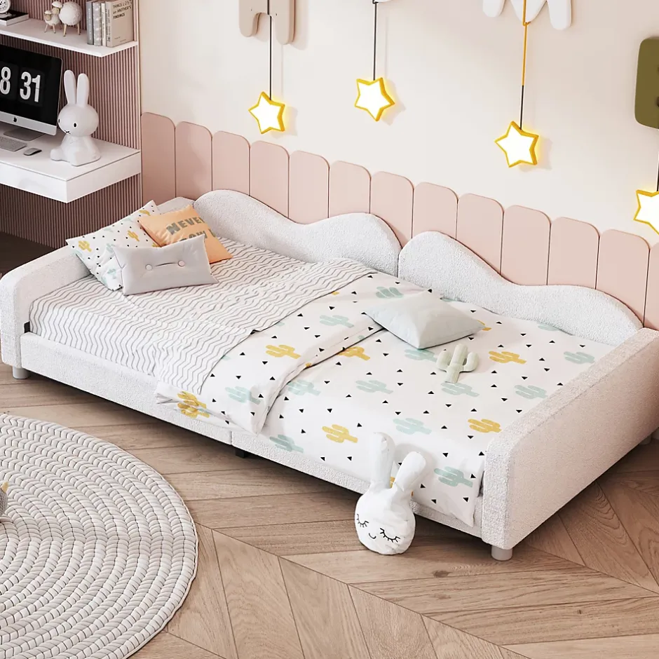 Redom Canapé-lit rembourré 90 sur 200 cm lit multifonction avec dossier et accoudoirs tissu Teddy blanc pour adultes ou invités