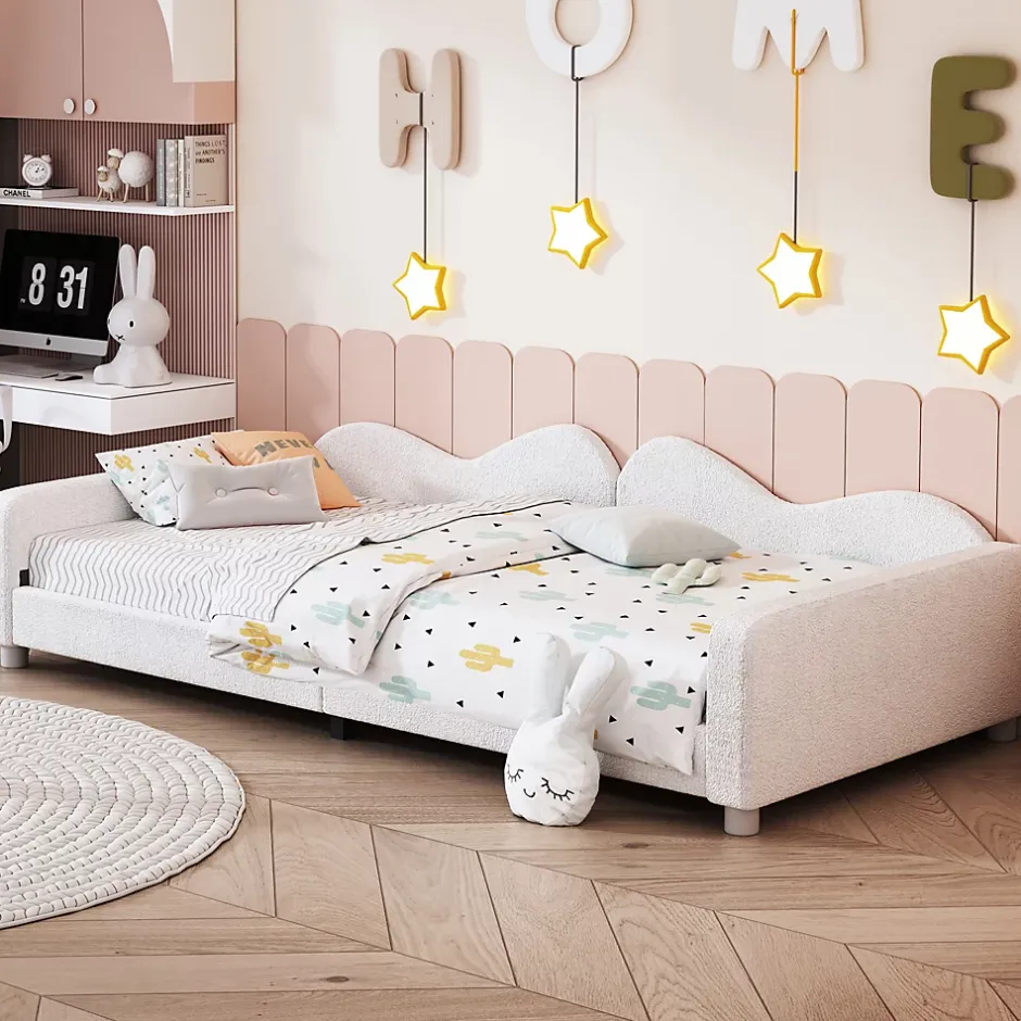 Redom Canapé-lit rembourré 90 sur 200 cm lit multifonction avec dossier et accoudoirs tissu Teddy blanc pour adultes ou invités