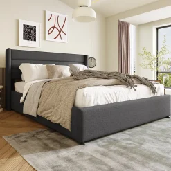 Redom Canapé-lit 180x200 cm avec coffre de rangement hydraulique en tissu lin gris et tête de lit capitonnée