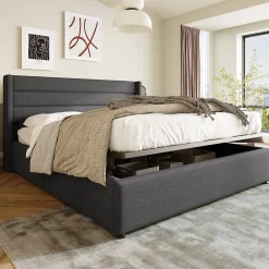 Redom Canapé-lit 180x200 cm avec coffre de rangement hydraulique en tissu lin gris et tête de lit capitonnée