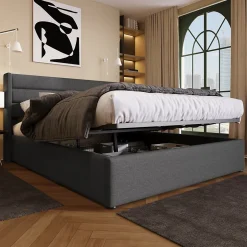 Redom Canapé-lit 180x200 cm avec coffre de rangement hydraulique en tissu lin gris et tête de lit capitonnée