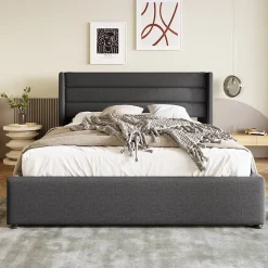 Redom Canapé-lit 180x200 cm avec coffre de rangement hydraulique en tissu lin gris et tête de lit capitonnée
