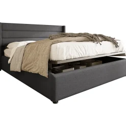 Redom Canapé-lit 180x200 cm avec coffre de rangement hydraulique en tissu lin gris et tête de lit capitonnée
