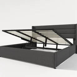 Redom Canapé-lit 180x200 cm avec coffre de rangement hydraulique en tissu lin gris et tête de lit capitonnée