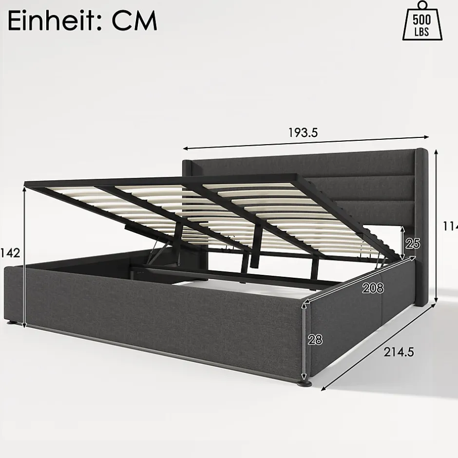 Redom Canapé-lit 180x200 cm avec coffre de rangement hydraulique en tissu lin gris et tête de lit capitonnée
