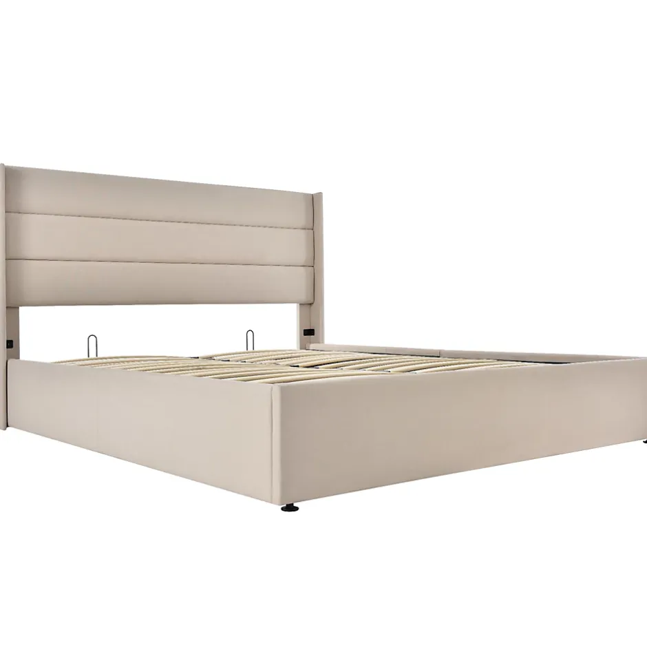 Redom Canapé-lit 140x200 cm avec coffre hydraulique et tête de lit rembourrée en lin beige, design contemporain New