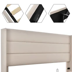 Redom Canapé-lit 140x200 cm avec coffre hydraulique et tête de lit rembourrée en lin beige, design contemporain New