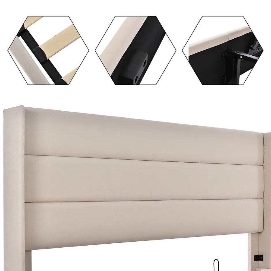 Redom Canapé-lit 140x200 cm avec coffre hydraulique et tête de lit rembourrée en lin beige, design contemporain New