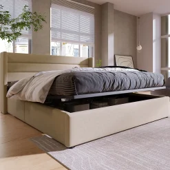 Redom Canapé-lit 140x200 cm avec coffre hydraulique et tête de lit rembourrée en lin beige, design contemporain New