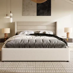 Redom Canapé-lit 140x200 cm avec coffre hydraulique et tête de lit rembourrée en lin beige, design contemporain New