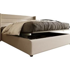 Redom Canapé-lit 140x200 cm avec coffre hydraulique et tête de lit rembourrée en lin beige, design contemporain New