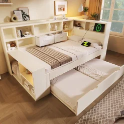ModernLuxe Canapé-lit 90x190 cm avec lit gigogne - USB/Type-C - rangement - bois massif + panneaux - blanc (sans matelas)