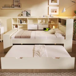 ModernLuxe Canapé-lit 90x190 cm avec lit gigogne - USB/Type-C - rangement - bois massif + panneaux - blanc (sans matelas)
