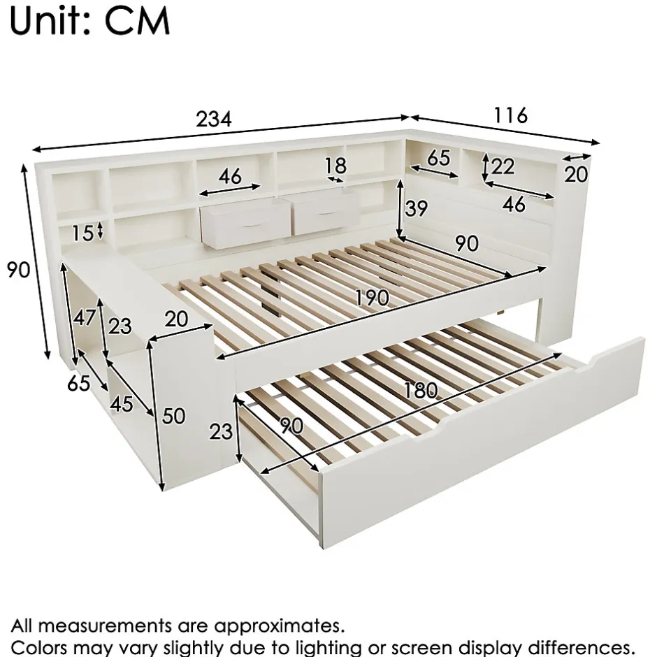 ModernLuxe Canapé-lit 90x190 cm avec lit gigogne - USB/Type-C - rangement - bois massif + panneaux - blanc (sans matelas)