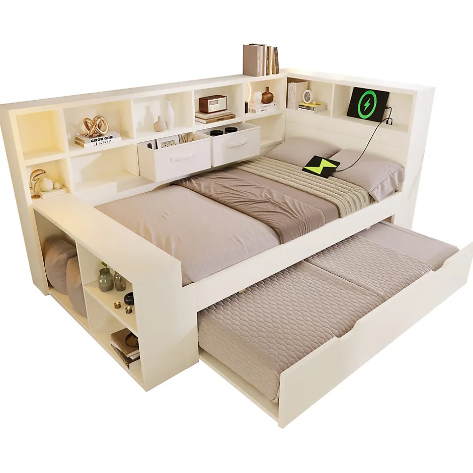 ModernLuxe Canapé-lit 90x190 cm avec lit gigogne - USB/Type-C - rangement - bois massif + panneaux - blanc (sans matelas)