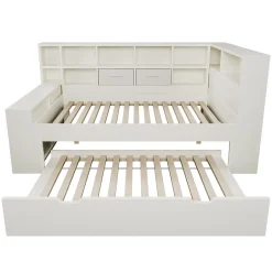 ModernLuxe Canapé-lit 90x190 cm avec lit gigogne - USB/Type-C - rangement - bois massif + panneaux - blanc (sans matelas)