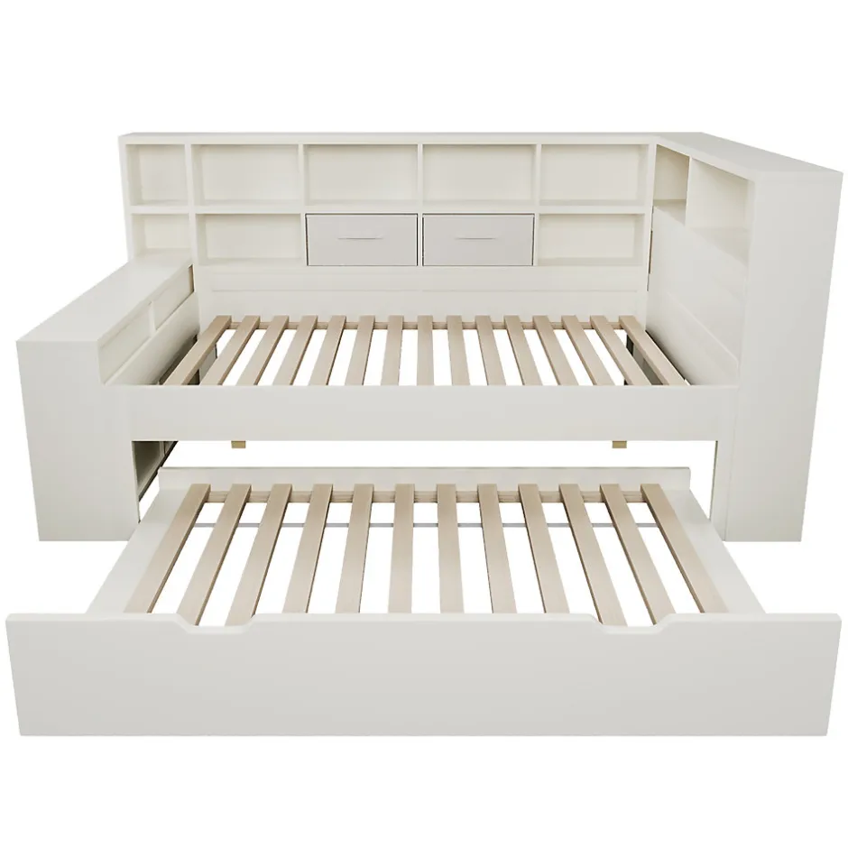 ModernLuxe Canapé-lit 90x190 cm avec lit gigogne - USB/Type-C - rangement - bois massif + panneaux - blanc (sans matelas)