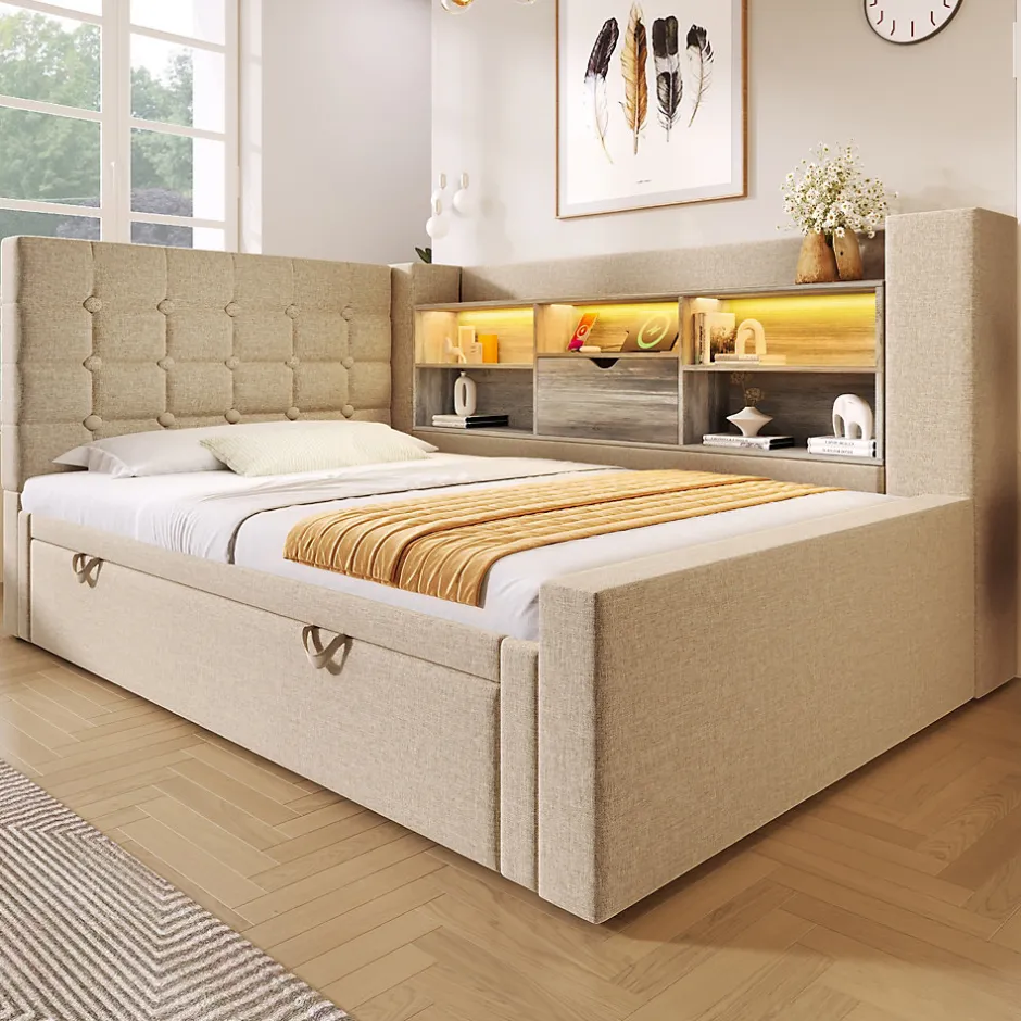 ModernLuxe Canapé-lit 90x200 cm avec lit gigogne - LED + rangement - USB - tissu lin - beige (sans matelas)