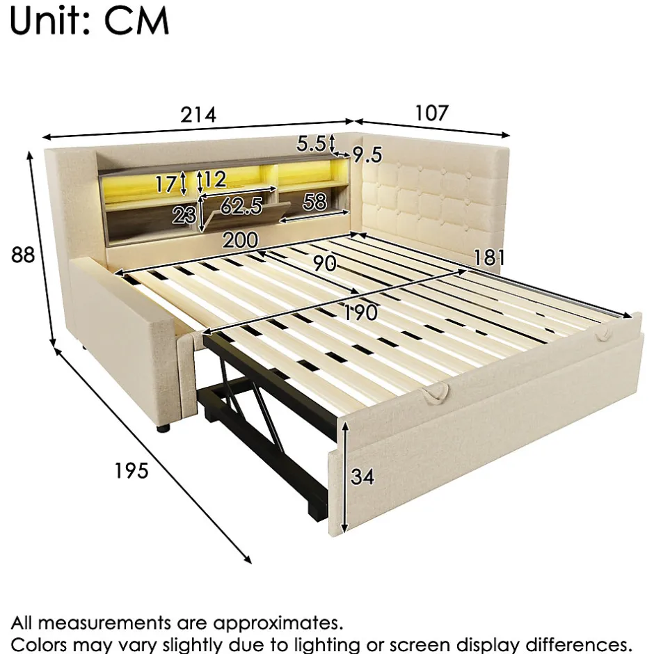 ModernLuxe Canapé-lit 90x200 cm avec lit gigogne - LED + rangement - USB - tissu lin - beige (sans matelas)