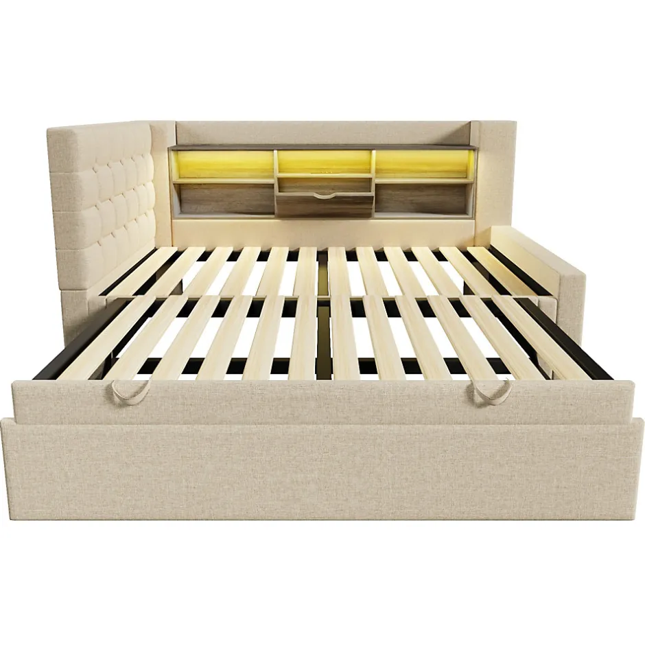 ModernLuxe Canapé-lit 90x200 cm avec lit gigogne - LED + rangement - USB - tissu lin - beige (sans matelas)