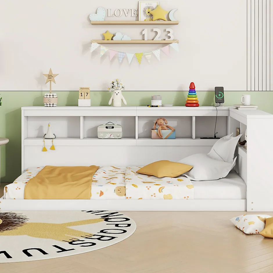 Redom Canapé-lit 90x200 cm avec prises et 2 USB, rangements latéraux, structure panneaux de particules et MDF, blanc