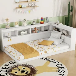 Redom Canapé-lit 90x200 cm avec prises et 2 USB, rangements latéraux, structure panneaux de particules et MDF, blanc