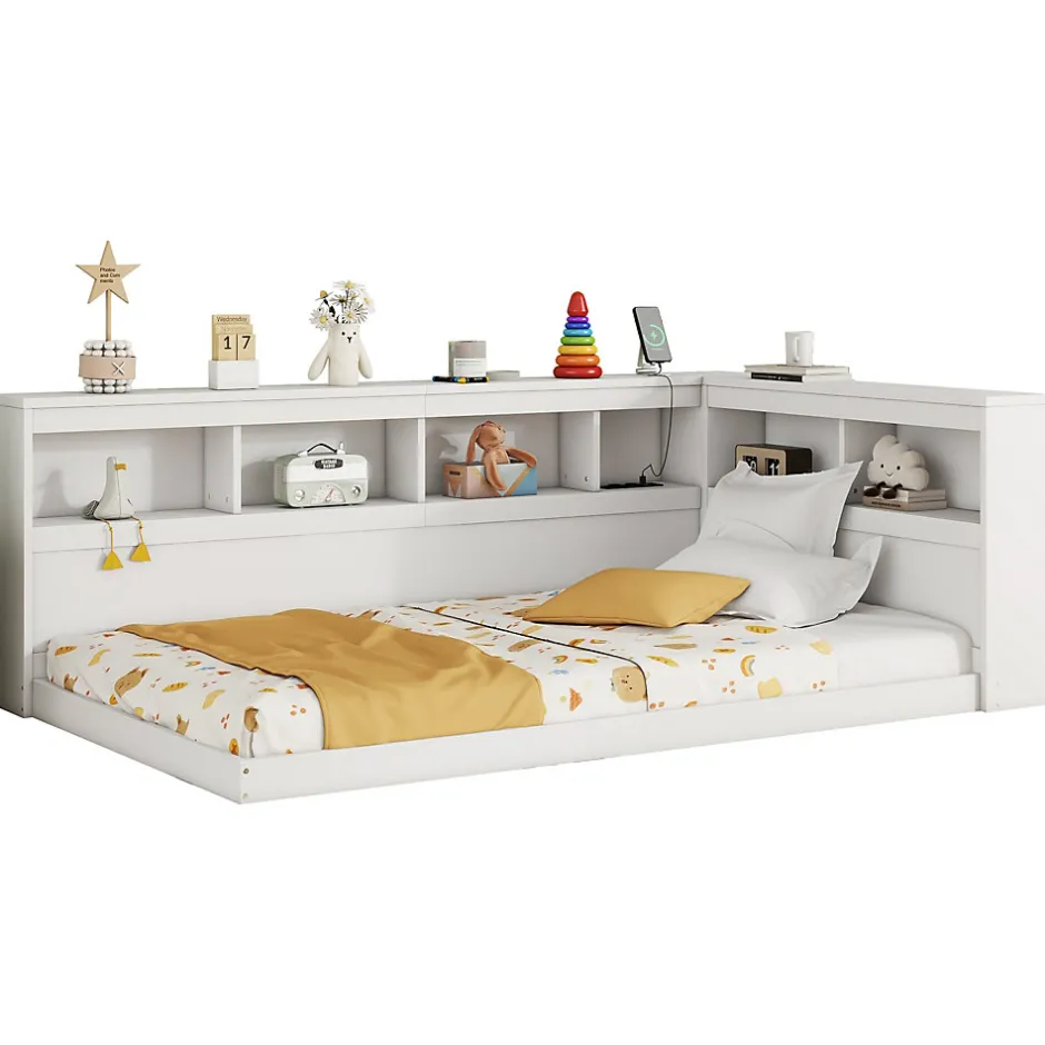 Redom Canapé-lit 90x200 cm avec prises et 2 USB, rangements latéraux, structure panneaux de particules et MDF, blanc