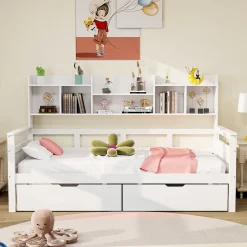 Redom Canapé-lit 90x200 cm avec tiroirs et étagères sommier bois massif blanc