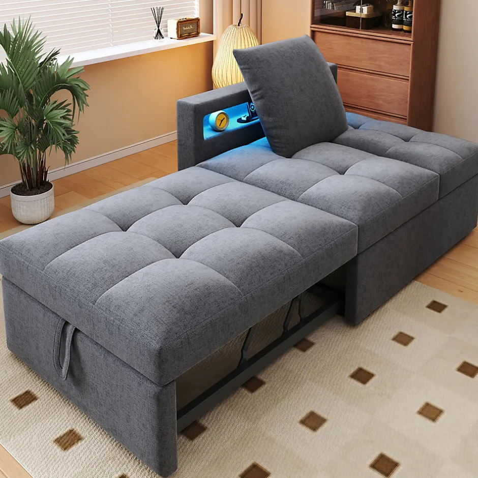 Redom Canapé-lit 140x190 cm convertible clic-clac avec coffre, tissu gris, design contemporain