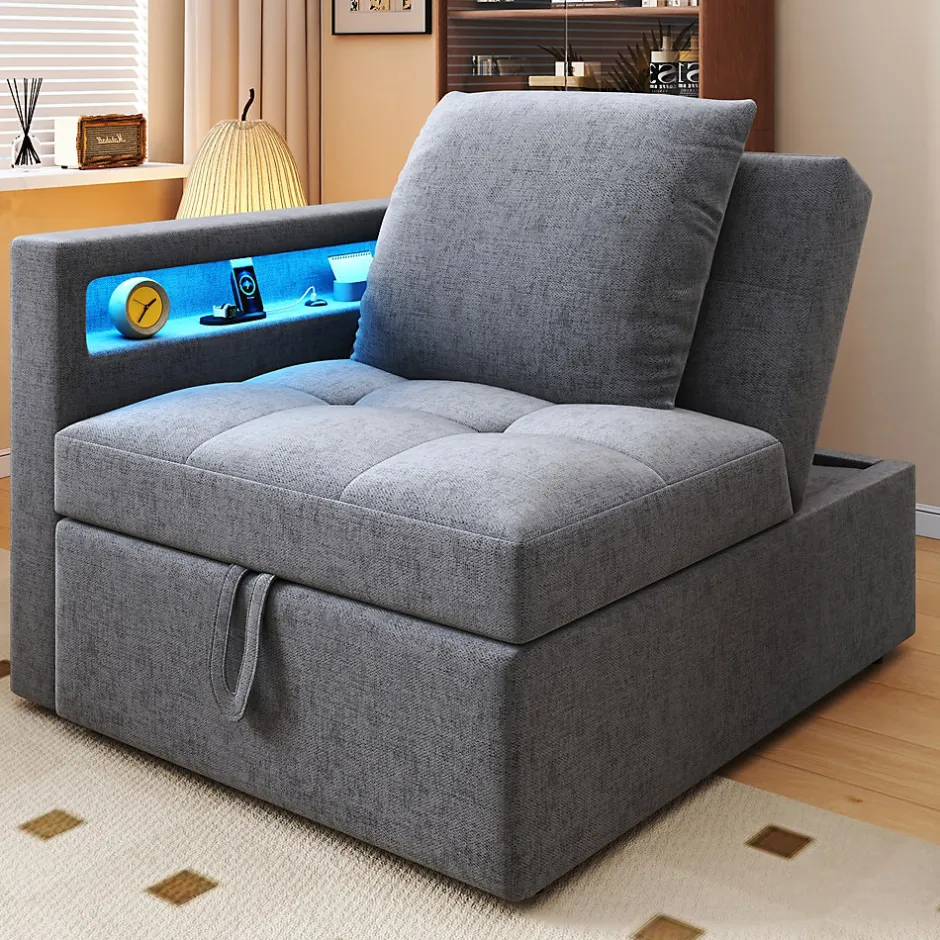 Redom Canapé-lit 140x190 cm convertible clic-clac avec coffre, tissu gris, design contemporain