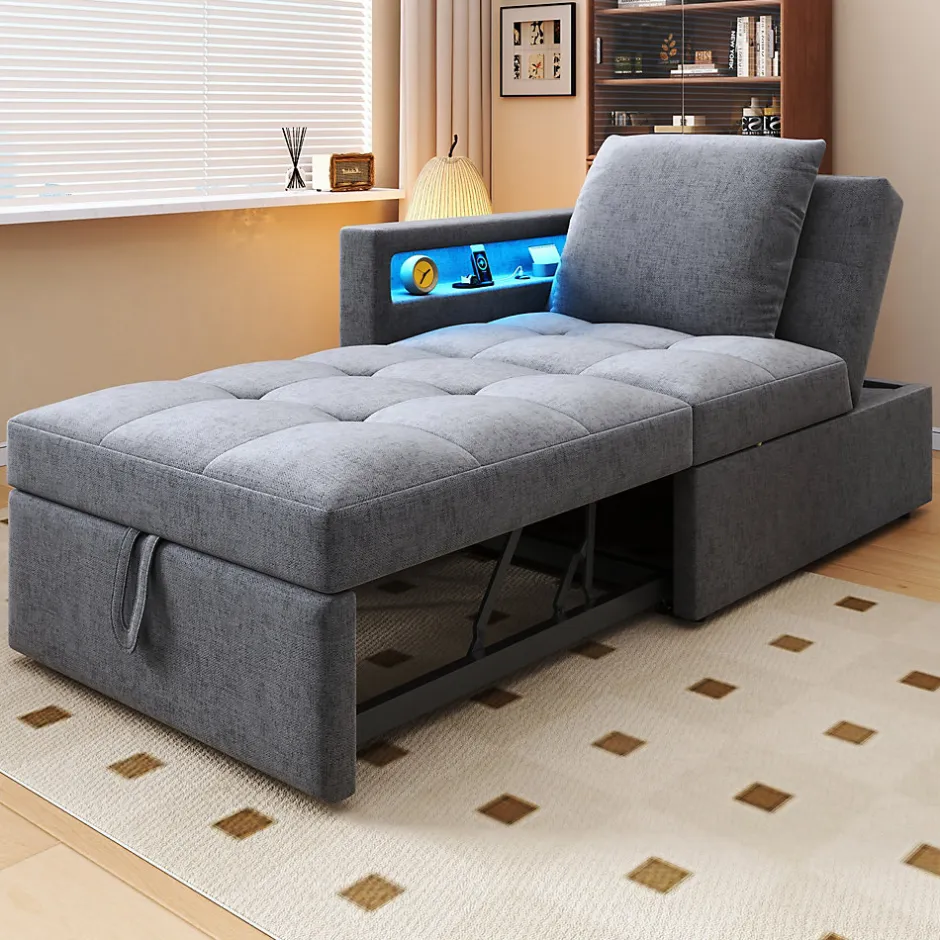Redom Canapé-lit 140x190 cm convertible clic-clac avec coffre, tissu gris, design contemporain