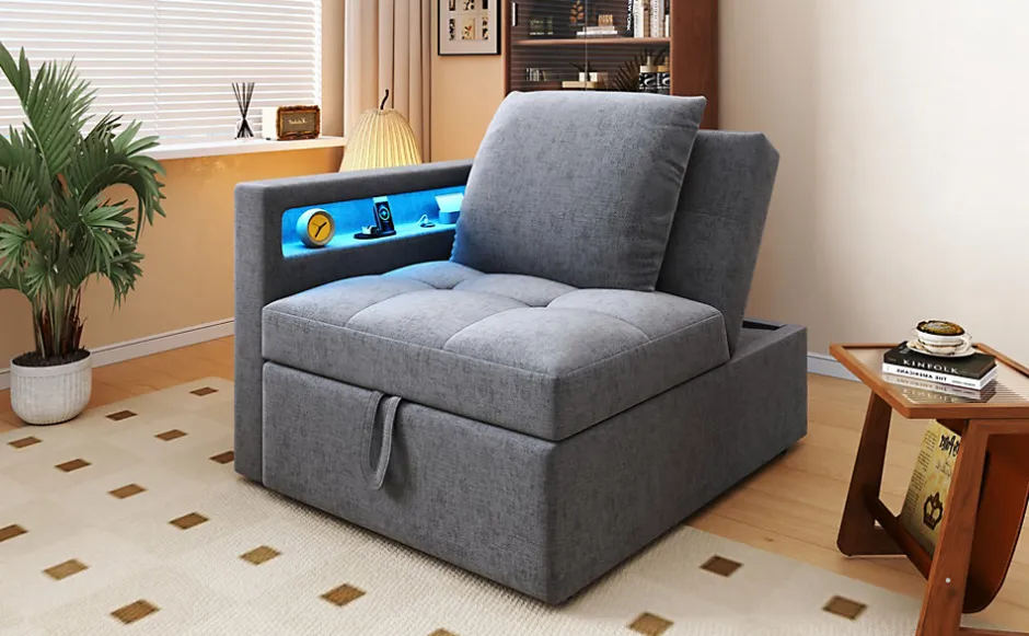 Redom Canapé-lit 140x190 cm convertible clic-clac avec coffre, tissu gris, design contemporain