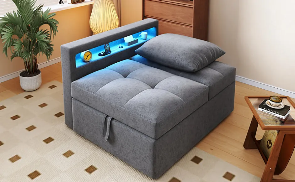 Redom Canapé-lit 140x190 cm convertible clic-clac avec coffre, tissu gris, design contemporain