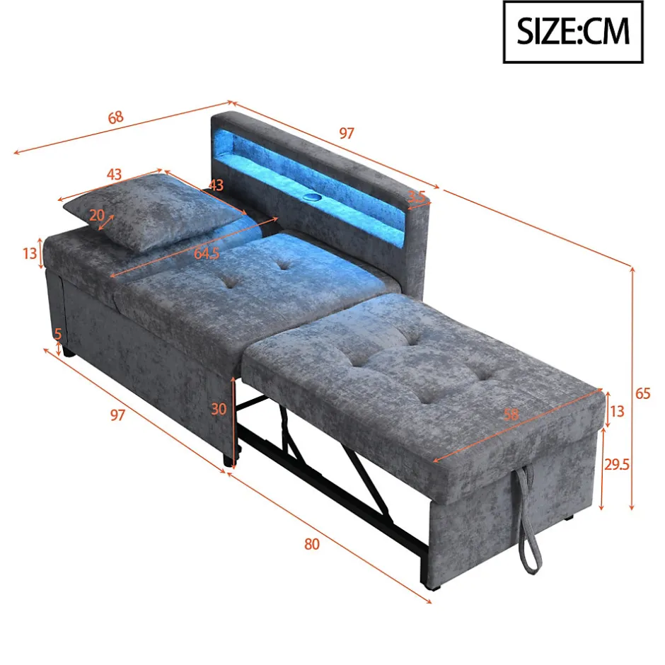 Redom Canapé-lit 140x190 cm convertible clic-clac avec coffre, tissu gris, design contemporain