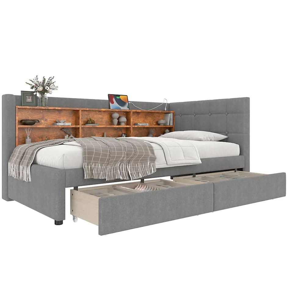 Redom Canapé-lit 140x190 cm convertible clic-clac en tissu gris avec coffre discret, structure métal, contemporain