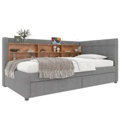 Redom Canapé-lit 140x190 cm convertible clic-clac en tissu gris avec coffre discret, structure métal, contemporain