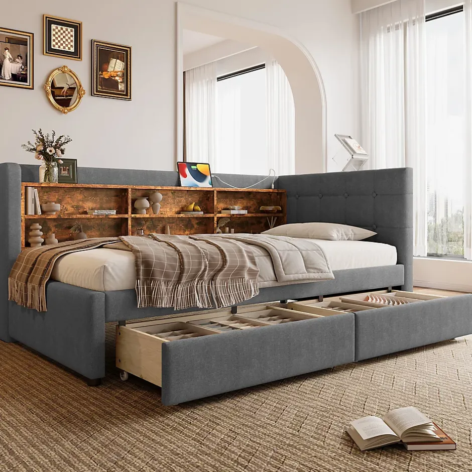 Redom Canapé-lit 140x190 cm convertible clic-clac en tissu gris avec coffre discret, structure métal, contemporain