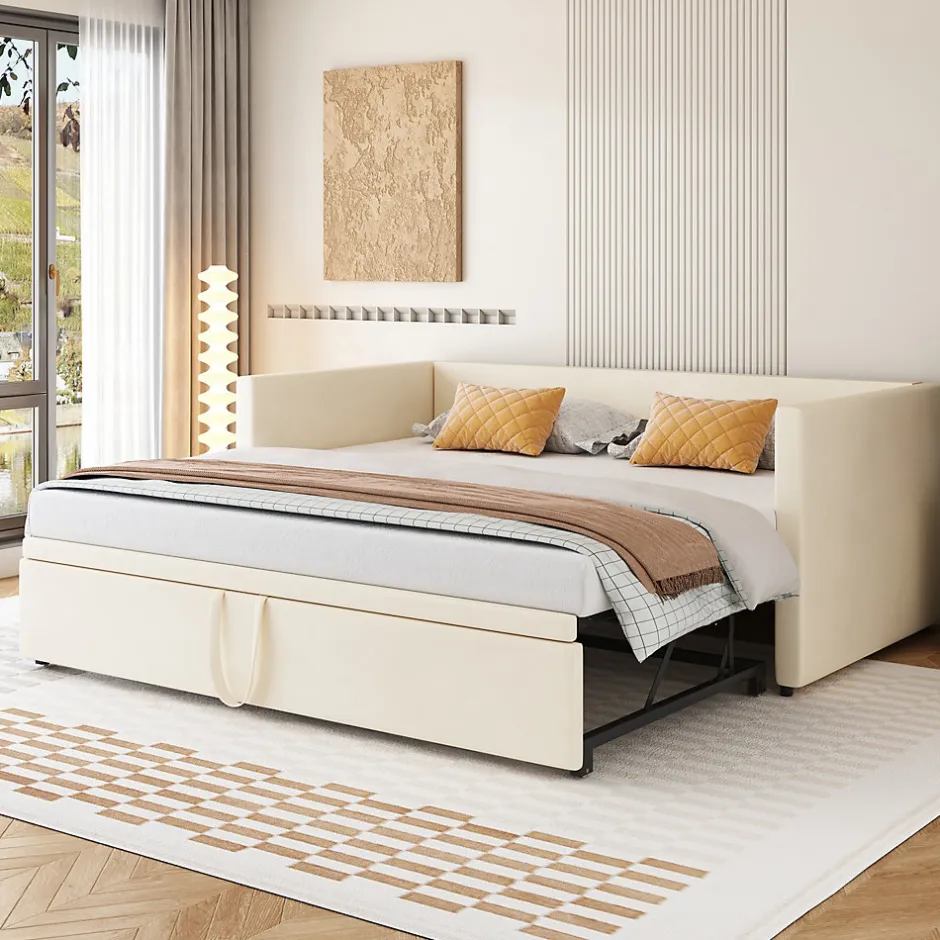 Redom Canapé-lit 90x200 cm convertible en 180x200 cm avec sommier à lattes, tissu velours beige