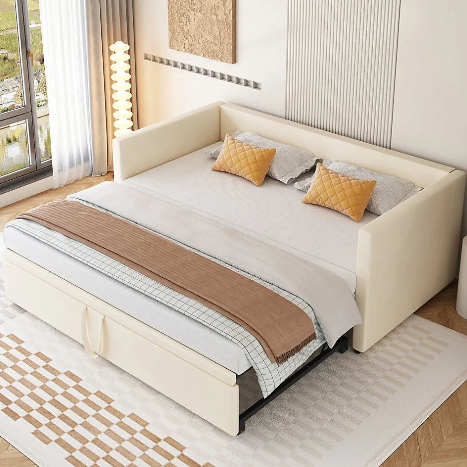Redom Canapé-lit 90x200 cm convertible en 180x200 cm avec sommier à lattes, tissu velours beige