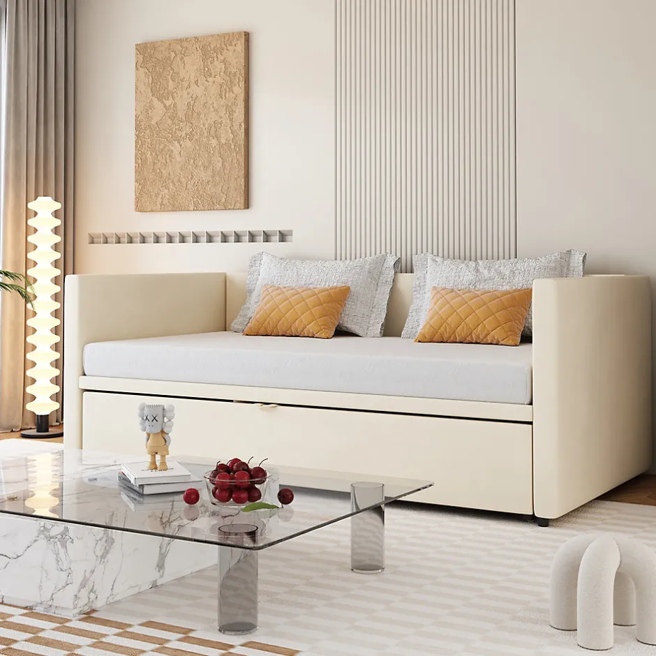 Redom Canapé-lit 90x200 cm convertible en 180x200 cm avec sommier à lattes, tissu velours beige