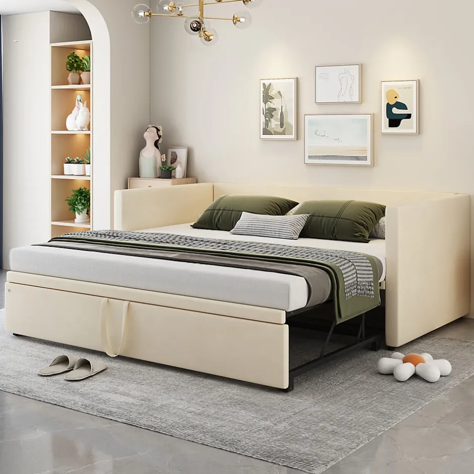Redom Canapé-lit 90x200 cm convertible en 180x200 cm avec sommier à lattes, tissu velours beige