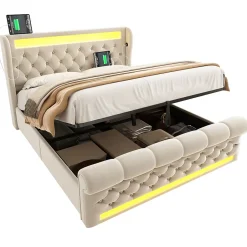 Redom Canapé-lit 160x200 cm convertible avec rangement hydraulique, éclairage LED intégré et station USB/Type-C en velours beige