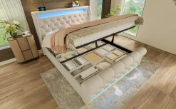 Redom Canapé-lit 160x200 cm convertible avec rangement hydraulique, éclairage LED intégré et station USB/Type-C en velours beige