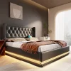 Redom Canapé-lit 140x200 cm convertible coffre hydraulique, LED 3 côtés, tête de lit USB-C, simili cuir noir Online