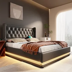 Redom Canapé-lit 140x200 cm convertible coffre hydraulique, LED 3 côtés, tête de lit USB-C, simili cuir noir Online